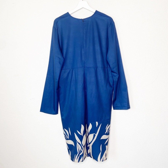 Navy Front Panel Faux Wrap Leaf Pattern Long Sleeved Ruched Navy Dress XXL NWT - Picture 7 of 11